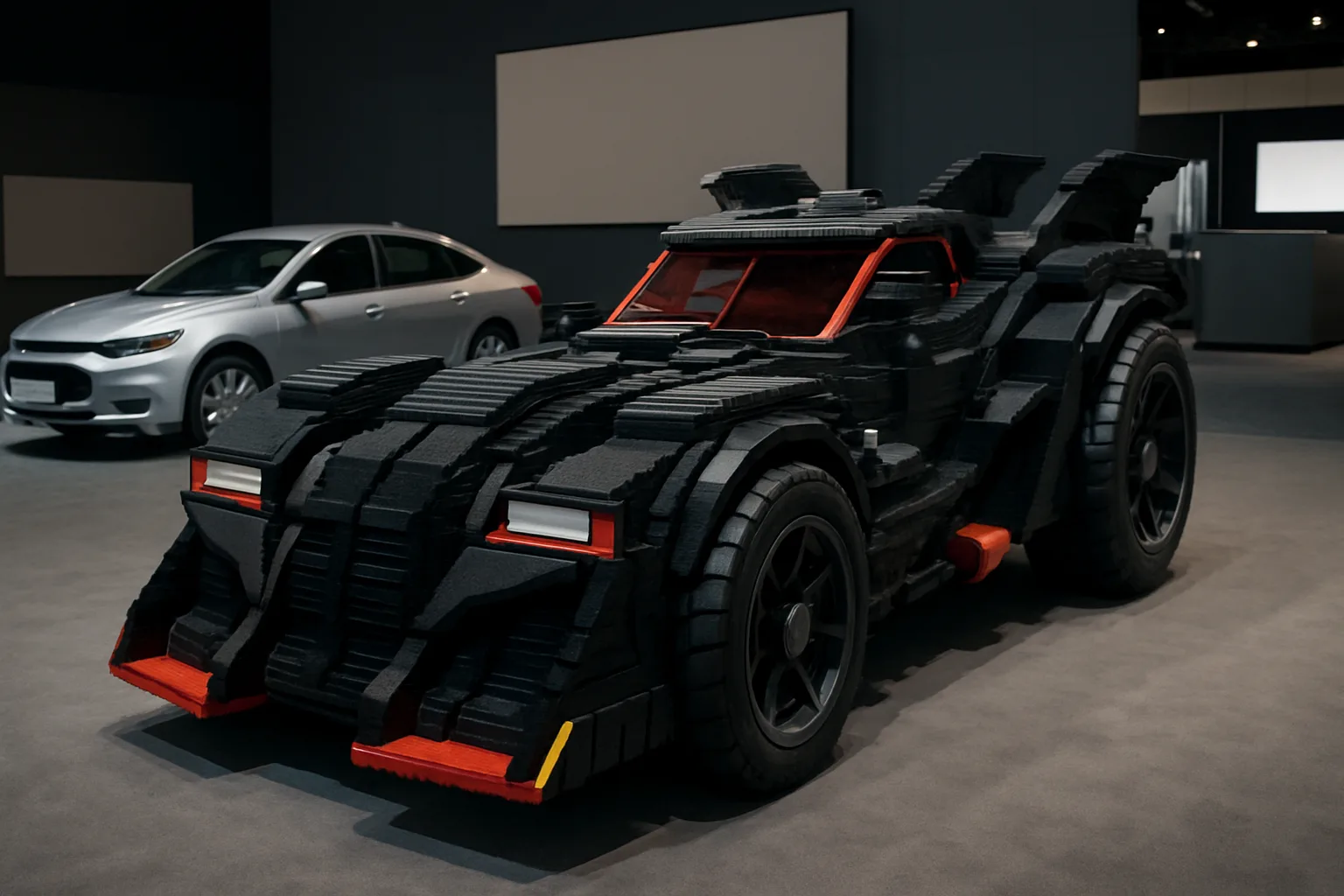 Large fantasy-style car constructed from black and red Lego bricks sits on a show floor beside a silver sedan