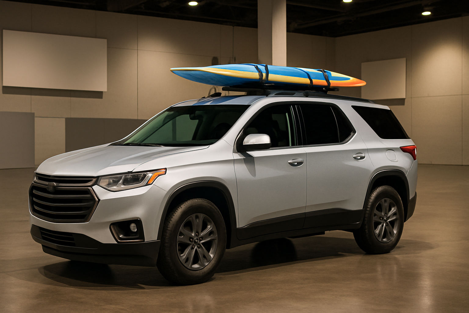 A silver SUV with tinted windows and a blue and yellow paddleboard strapped to the roof, parked in a well-lit indoor space