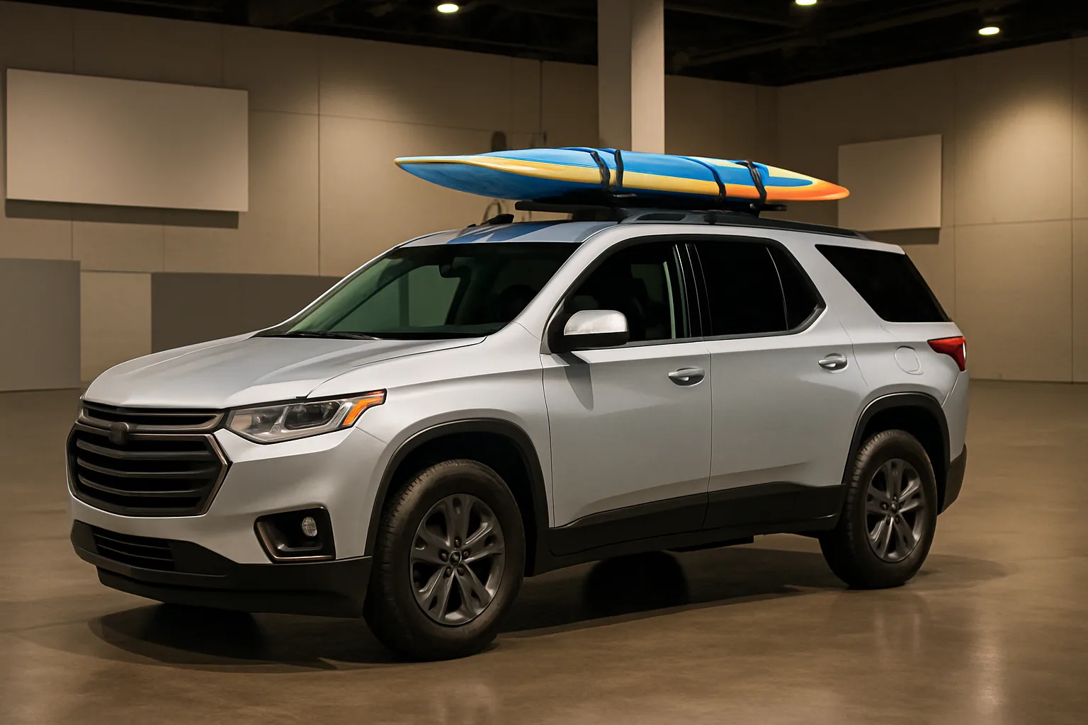 A silver SUV with tinted windows and a blue and yellow paddleboard strapped to the roof, parked in a well-lit indoor space