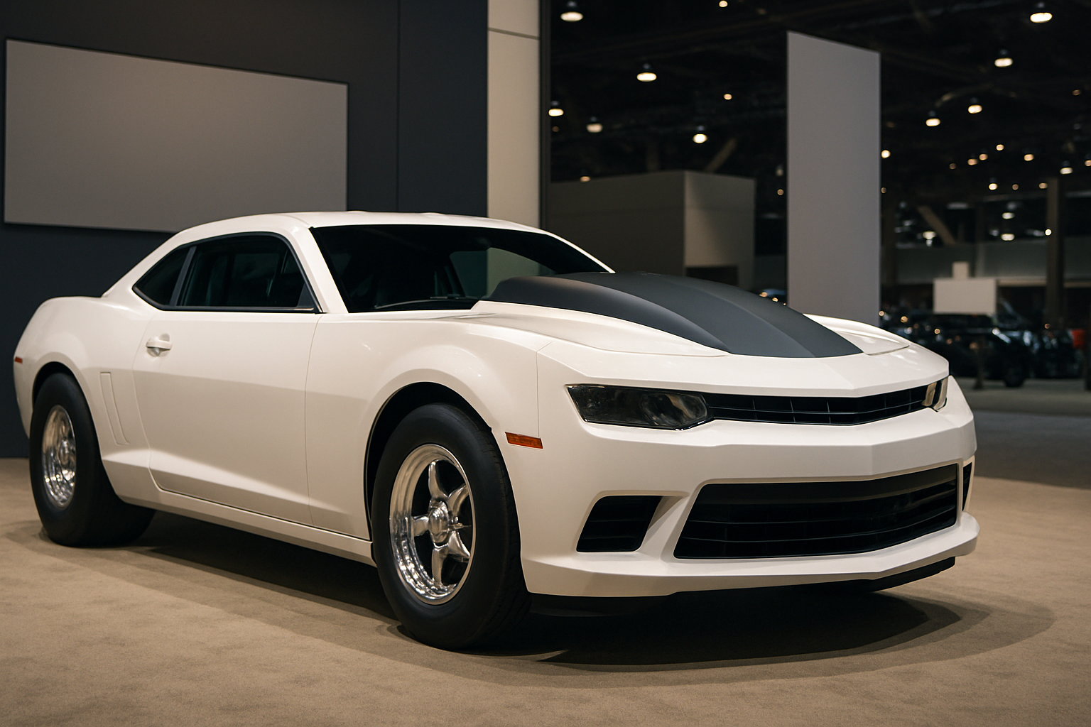 Sleek white coupe with a matte black hood stripe and chrome wheels displayed under bright indoor lighting on a tan carpet
