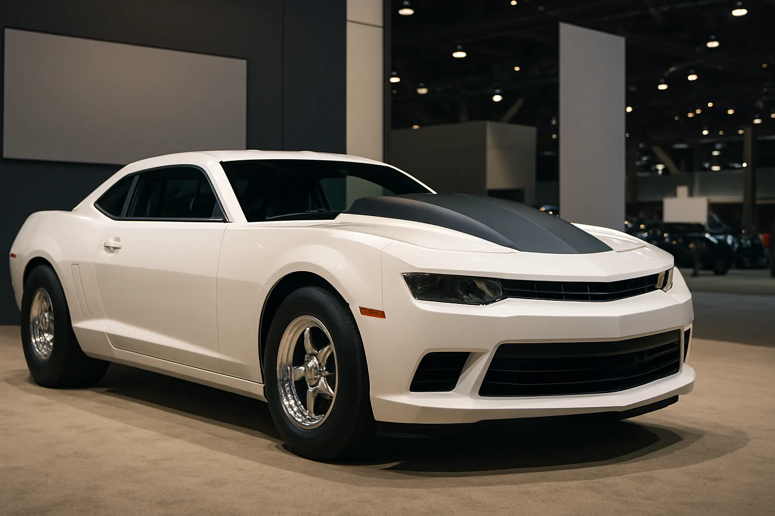 Sleek white coupe with a matte black hood stripe and chrome wheels displayed under bright indoor lighting on a tan carpet