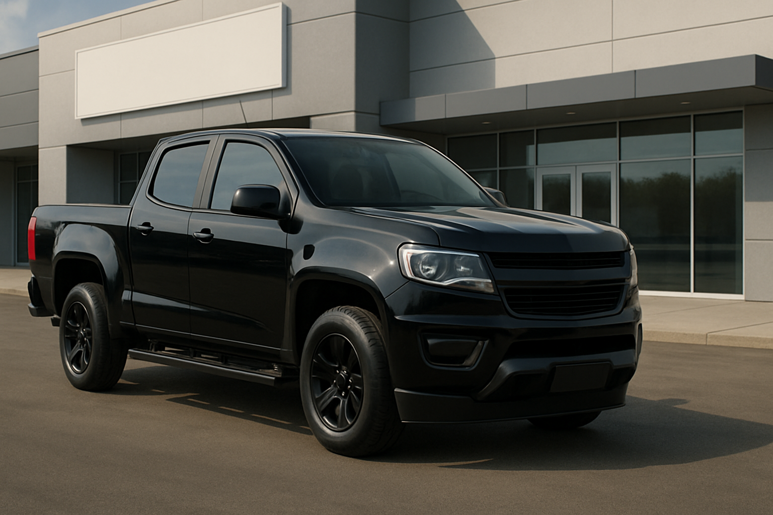 Glossy black pickup truck with tinted windows and black wheels parked on pavement in front of a modern gray building