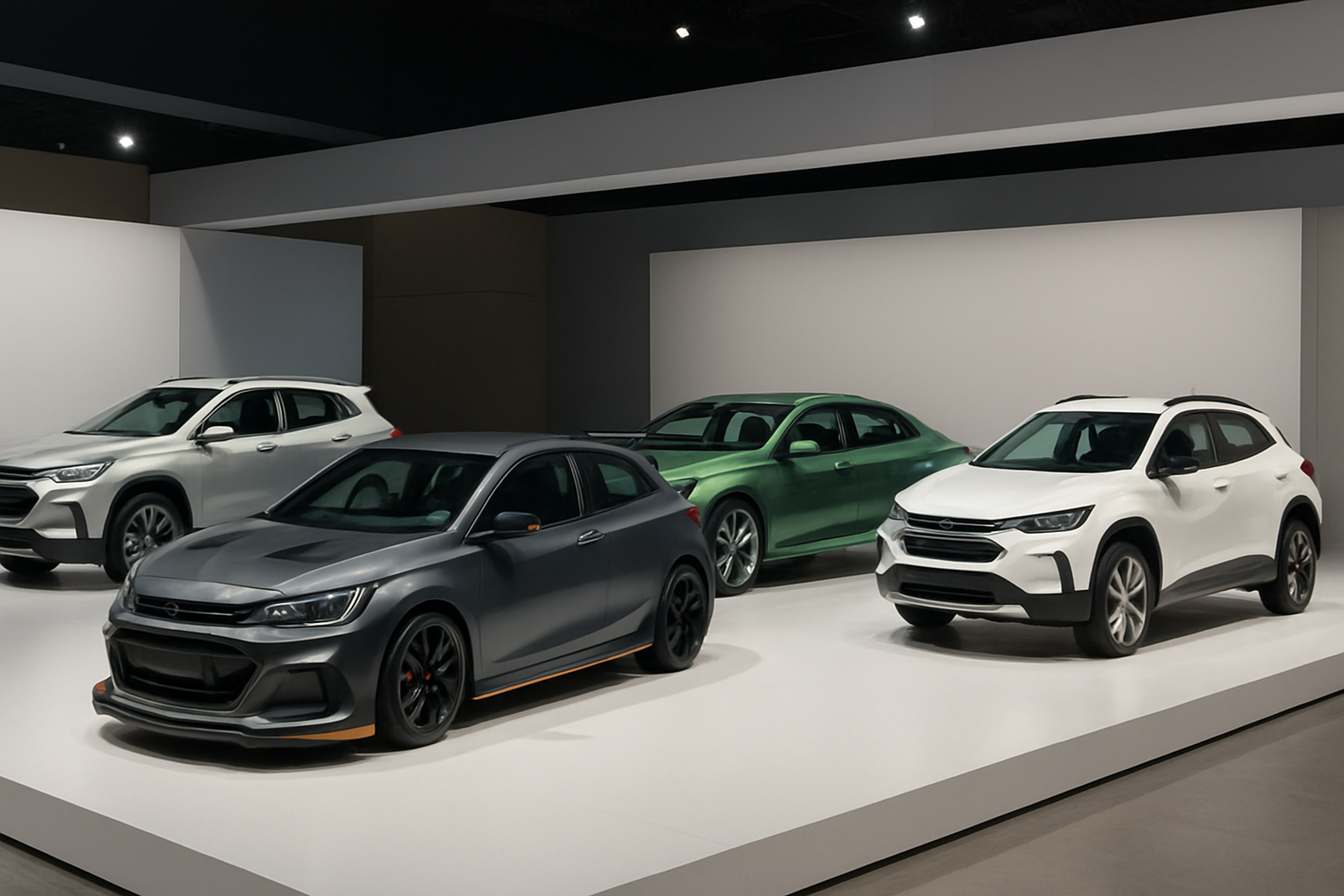Four sleek, sculpted concept cars in matte grey, green, metallic silver and white displayed on a minimalist white platform