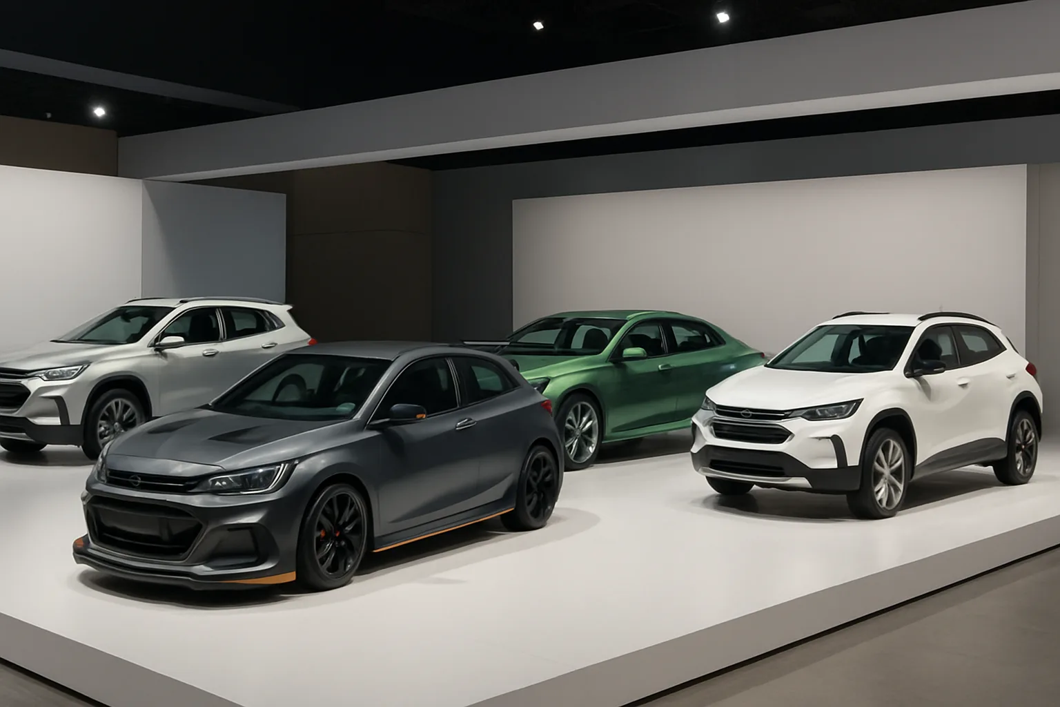 Four sleek, sculpted concept cars in matte grey, green, metallic silver and white displayed on a minimalist white platform