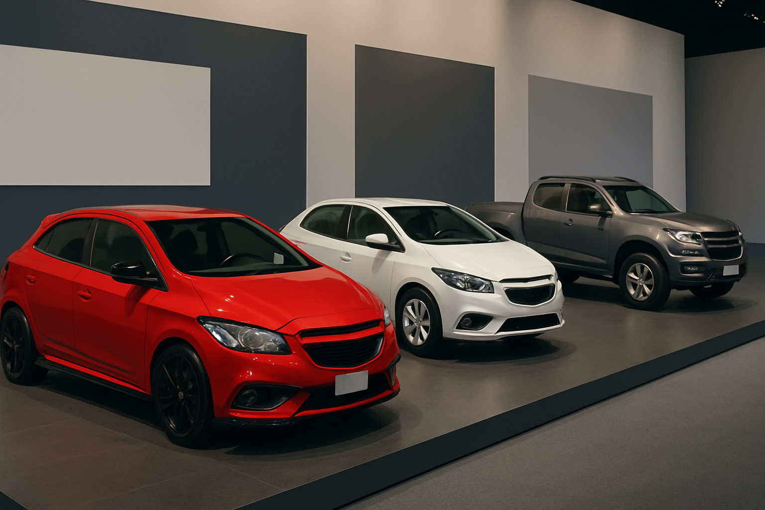 Three sleek modern vehicles—red hatchback, white sedan, and grey pickup—are displayed on a softly lit platform