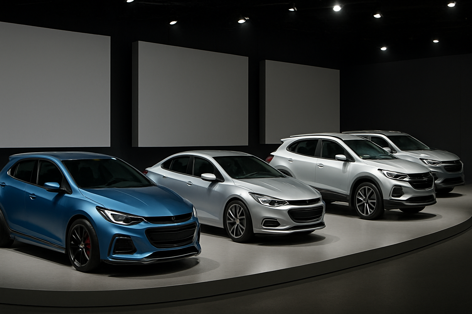Four sleek, modern hatchback and SUV forms in metallic blue, silver and white under bright showroom lighting on a curved platform