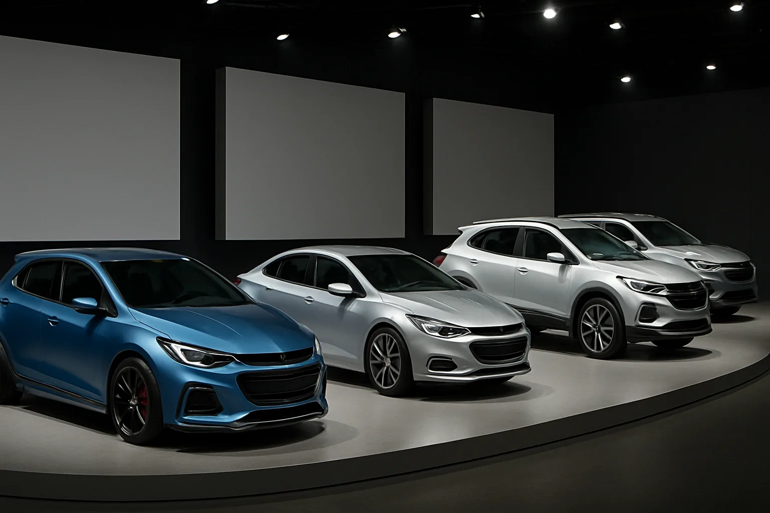 Four sleek, modern hatchback and SUV forms in metallic blue, silver and white under bright showroom lighting on a curved platform