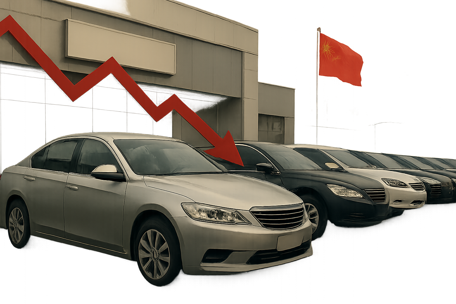 Row of parked grey cars outside a showroom with a red downward arrow and a Chinese flag in the background