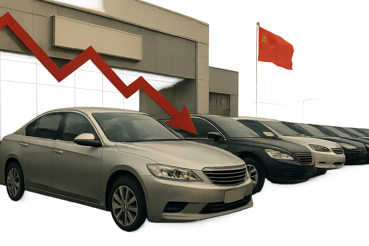 Row of parked grey cars outside a showroom with a red downward arrow and a Chinese flag in the background