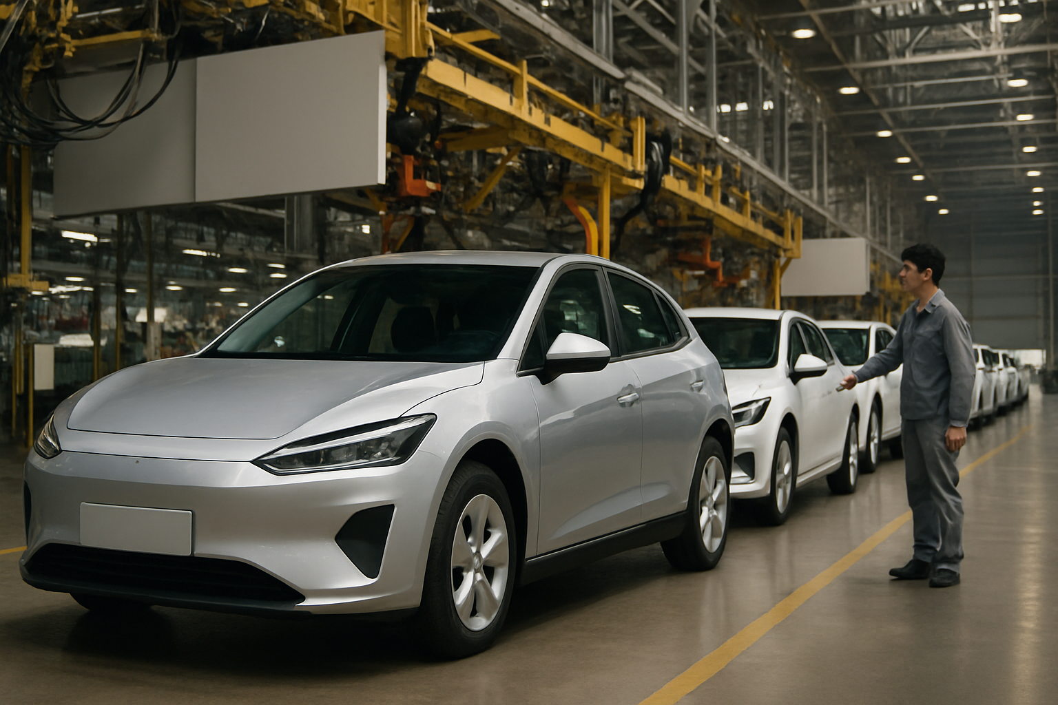 Silver hatchback-style electric cars in a bright factory, with a worker in grey uniform inspecting the nearest vehicle