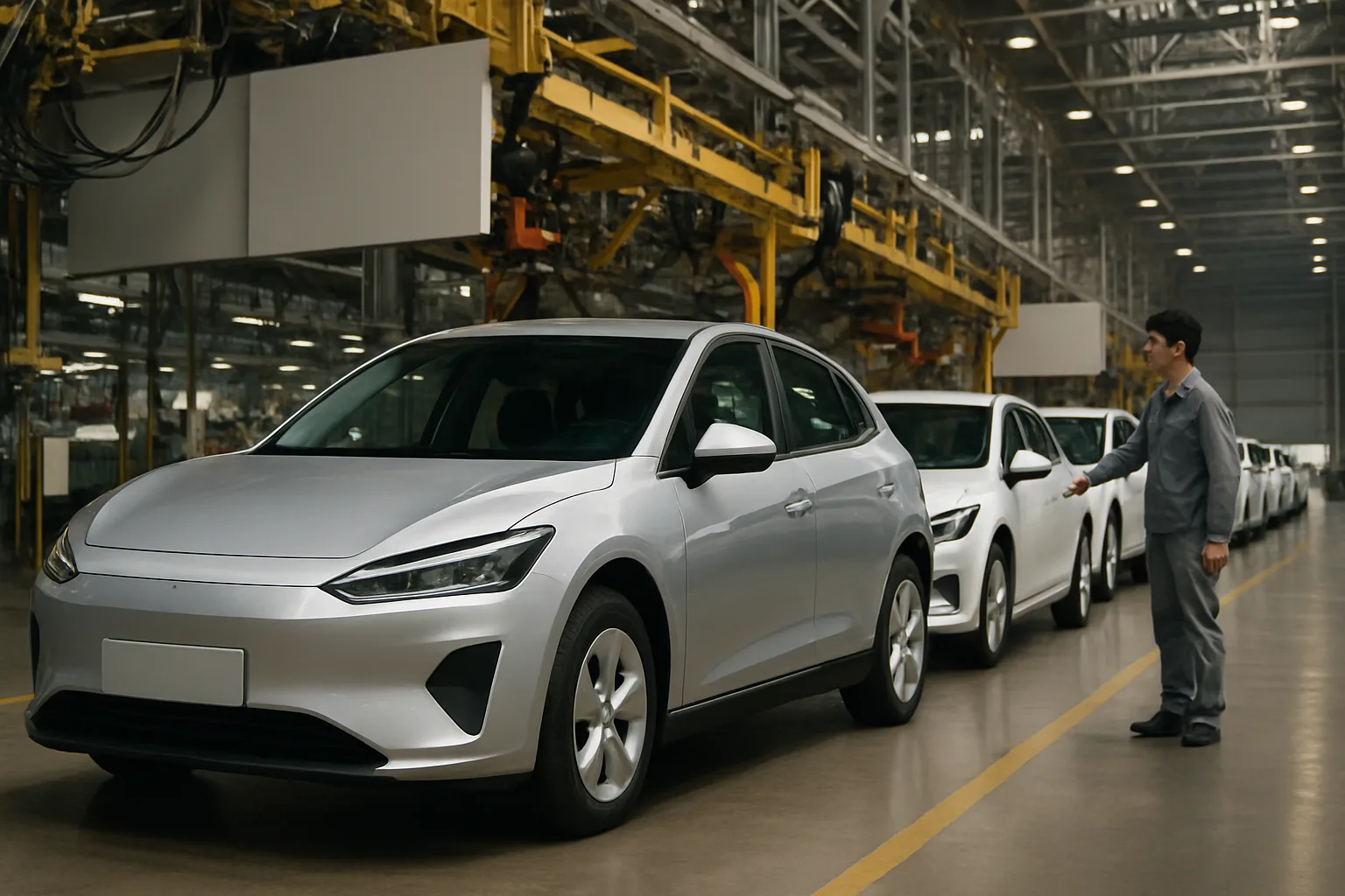 Silver hatchback-style electric cars in a bright factory, with a worker in grey uniform inspecting the nearest vehicle
