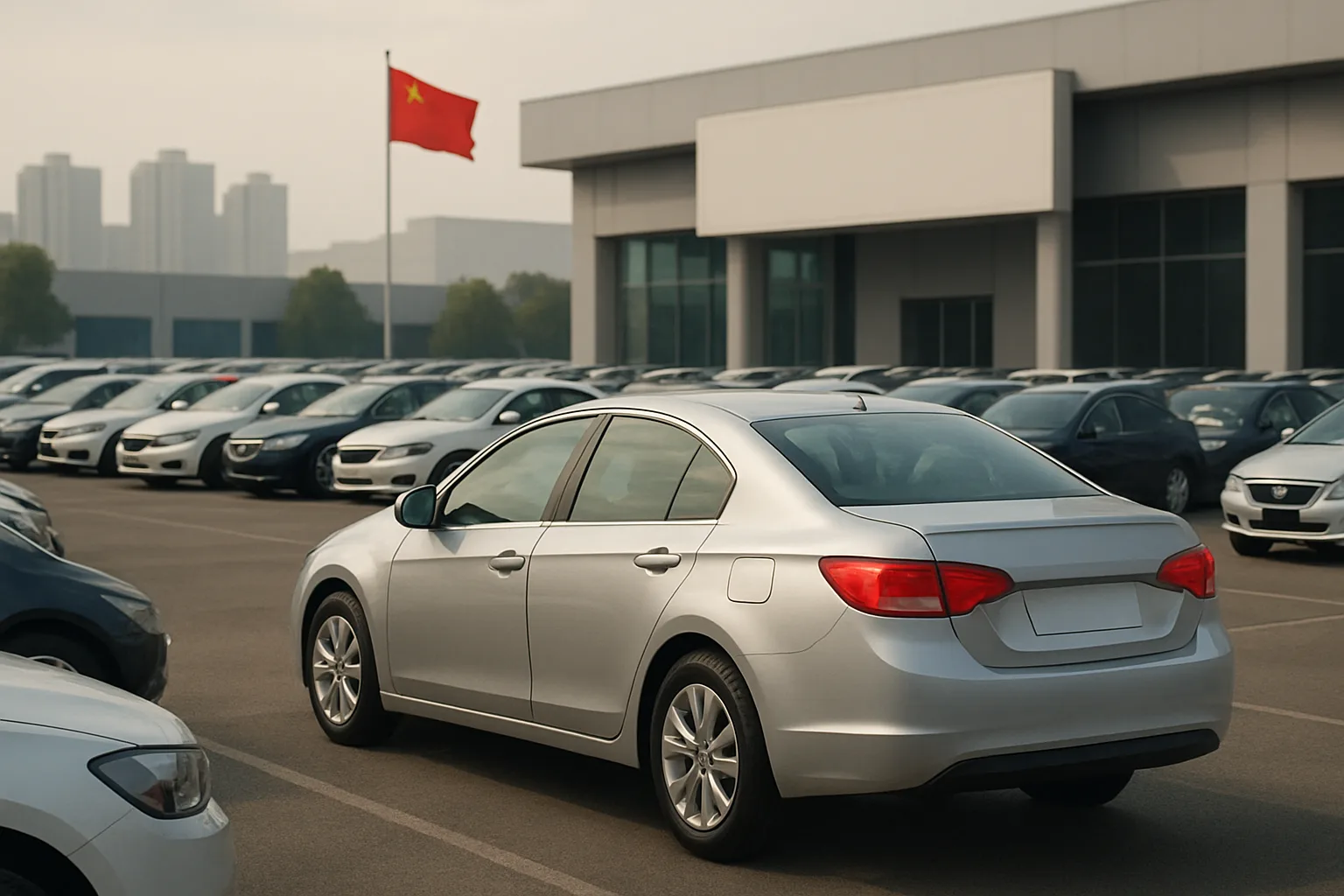 A silver sedan parked in a lot among rows of cars with a Chinese flag flying and hazy city buildings in the background