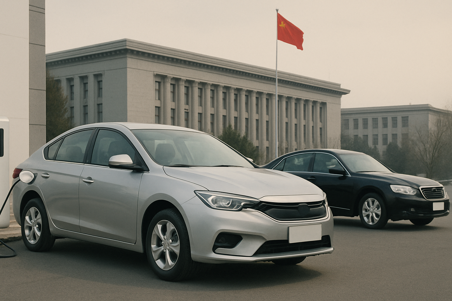 Two modern sedans parked on pavement in front of a grey government building with a red Chinese flag in hazy daylight