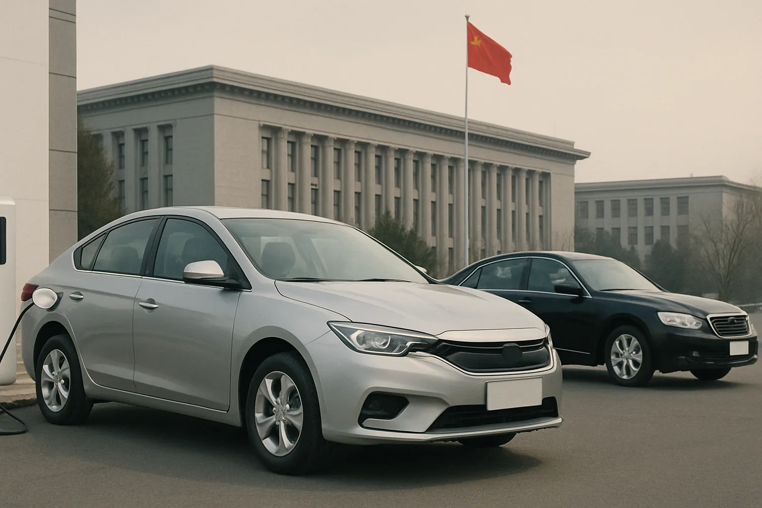 Two modern sedans parked on pavement in front of a grey government building with a red Chinese flag in hazy daylight