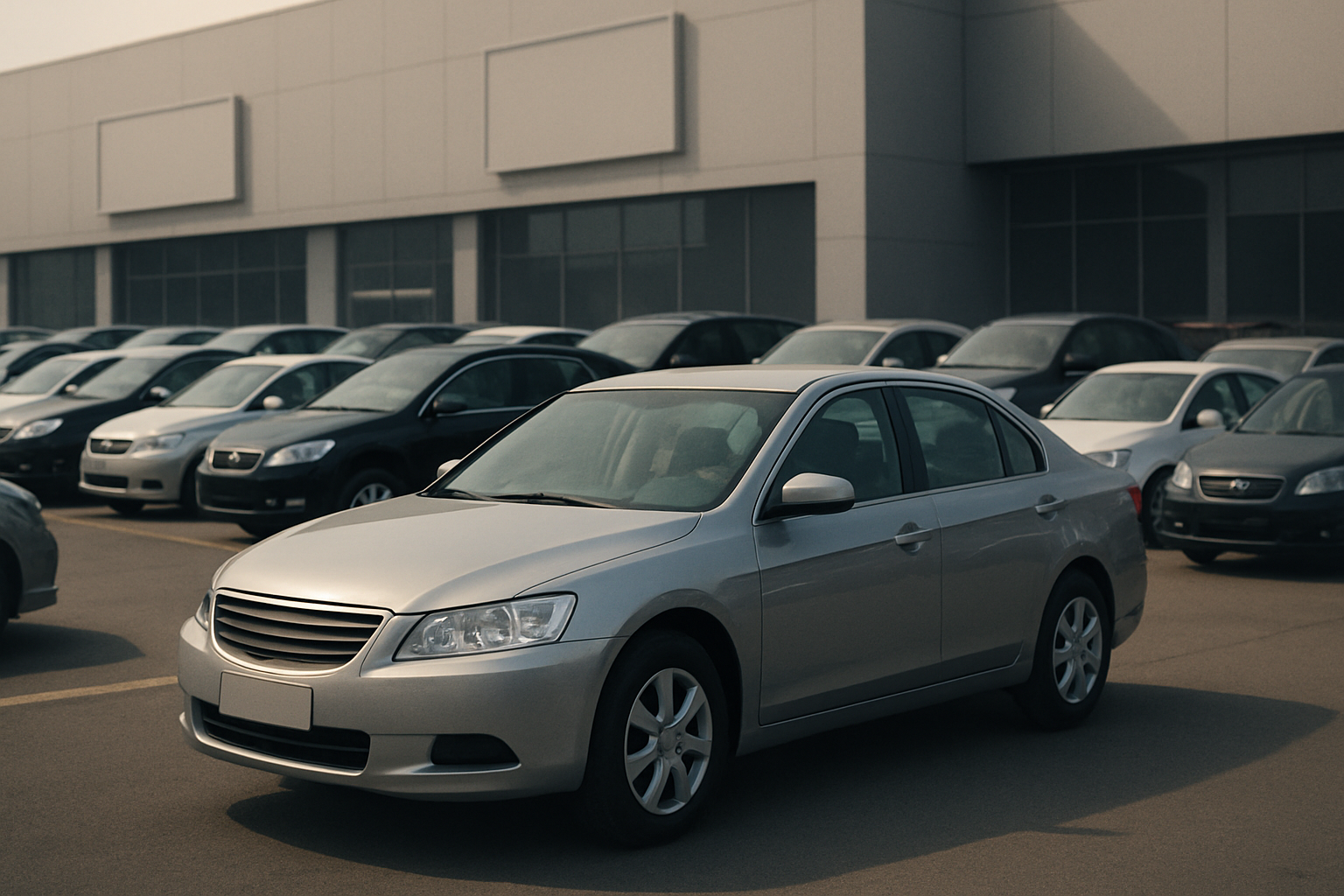 Rows of generic grey and silver sedans parked on asphalt in front of a large, modern commercial building in soft daylight