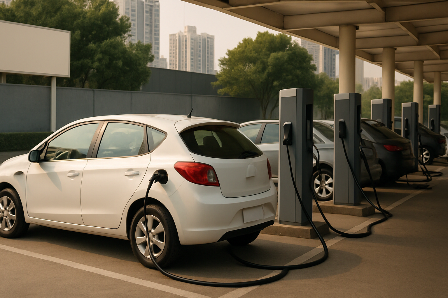 White hatchback car plugged into a sleek charging station under a canopy, with tall city buildings and greenery behind