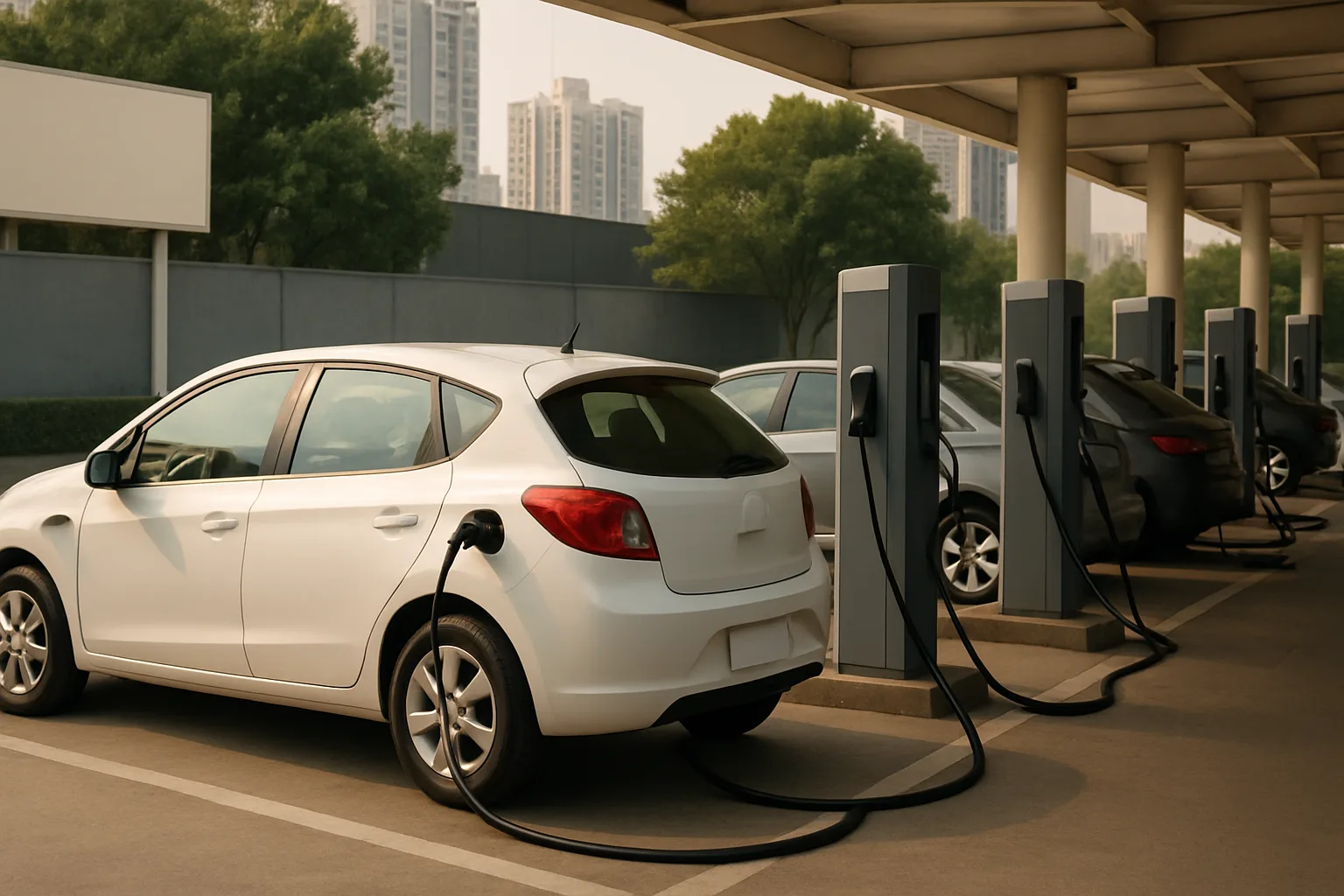 White hatchback car plugged into a sleek charging station under a canopy, with tall city buildings and greenery behind