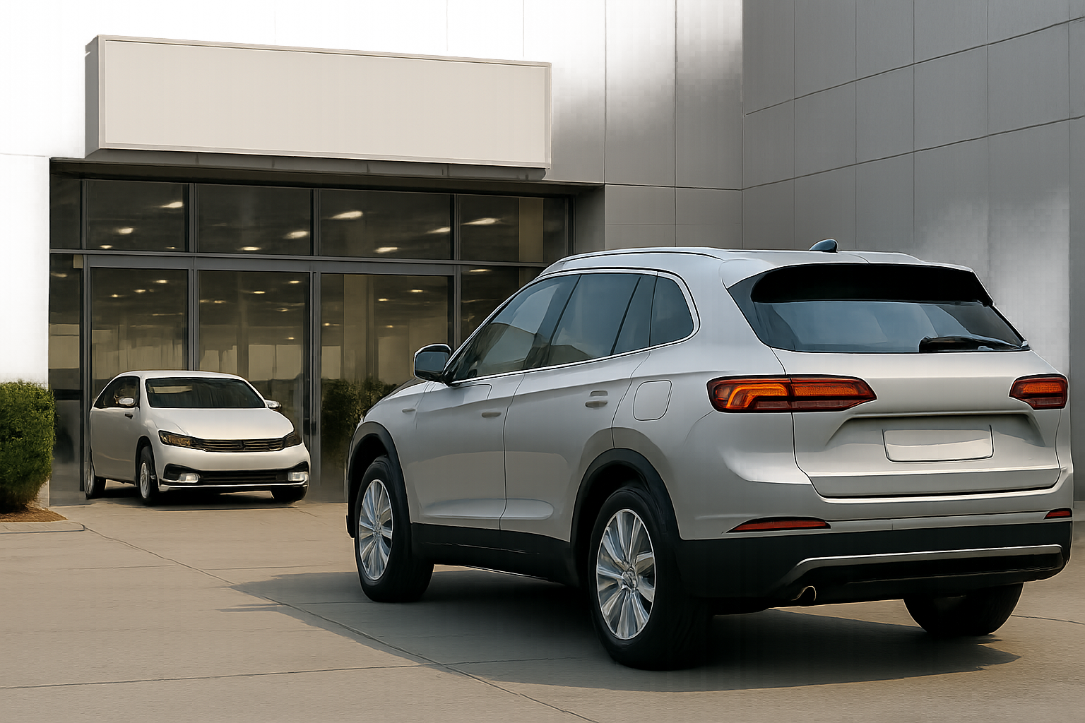 Two silver SUVs are parked in front of a modern glass building with blank signage and neatly trimmed green bushes