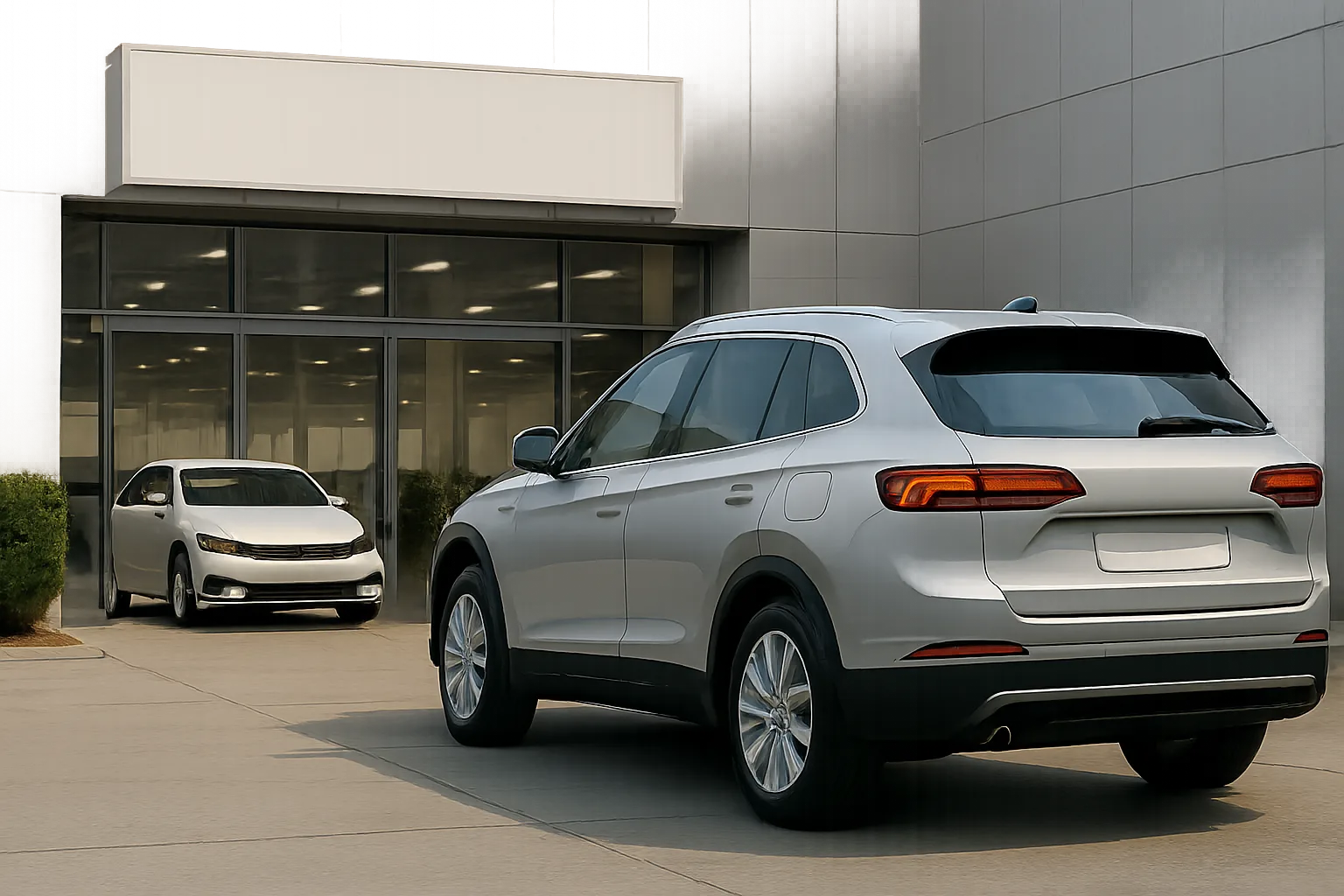 Two silver SUVs are parked in front of a modern glass building with blank signage and neatly trimmed green bushes