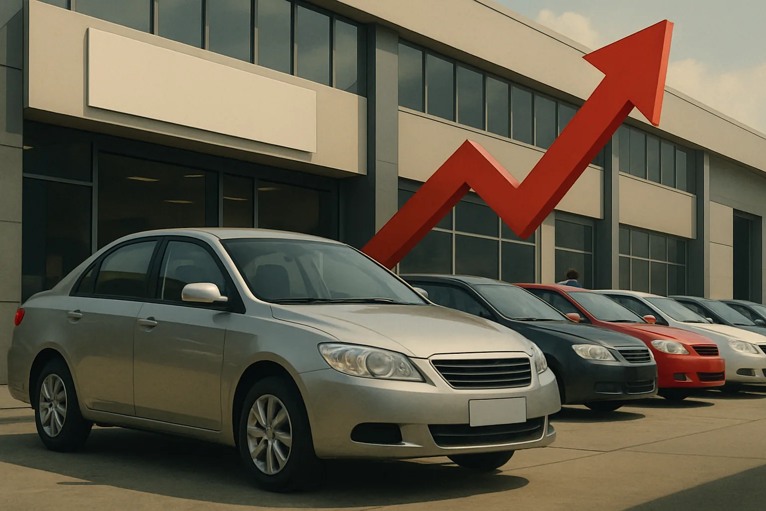 Row of parked sedans outside a modern glass building with a large red upward arrow rising behind them