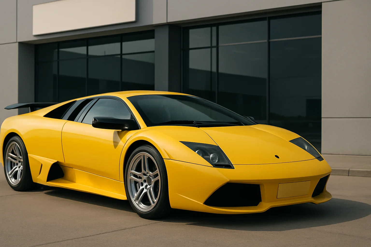 Low, wide yellow sports car with angular lines and dark windows parked on smooth concrete beside a modern building