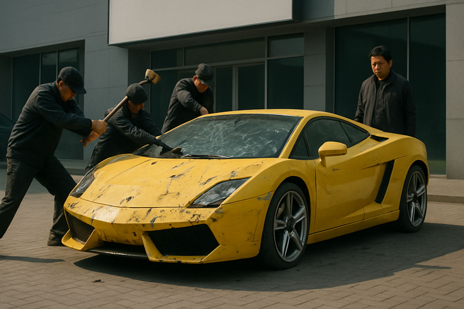 Four people in dark uniforms strike a battered yellow sports car with sledgehammers outside a modern building