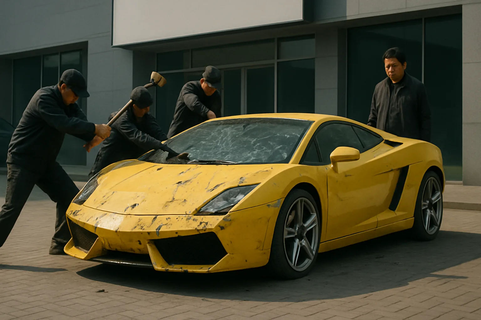 Four people in dark uniforms strike a battered yellow sports car with sledgehammers outside a modern building