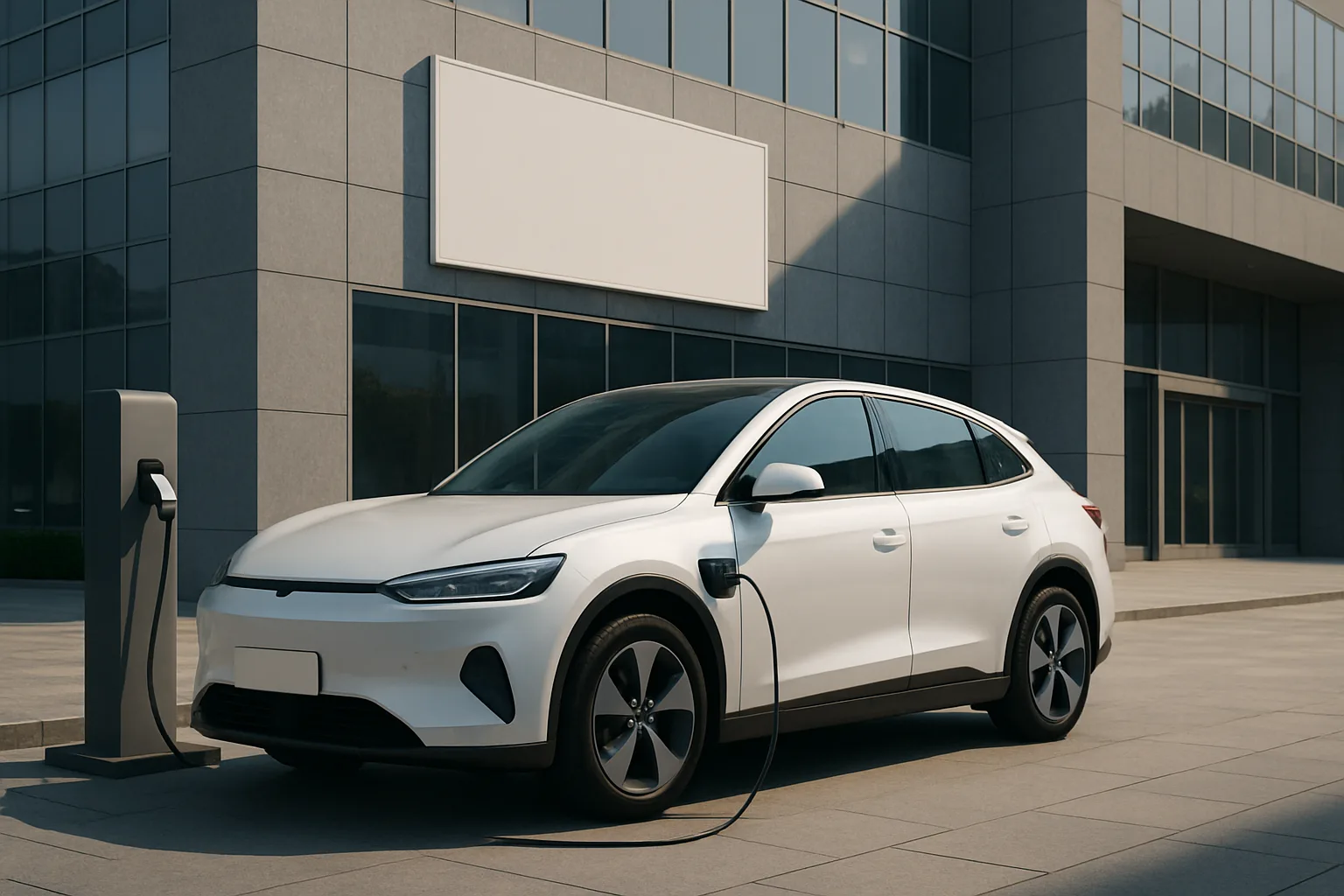 Sleek white electric car charging at a modern station outside a glass office building in soft daylight