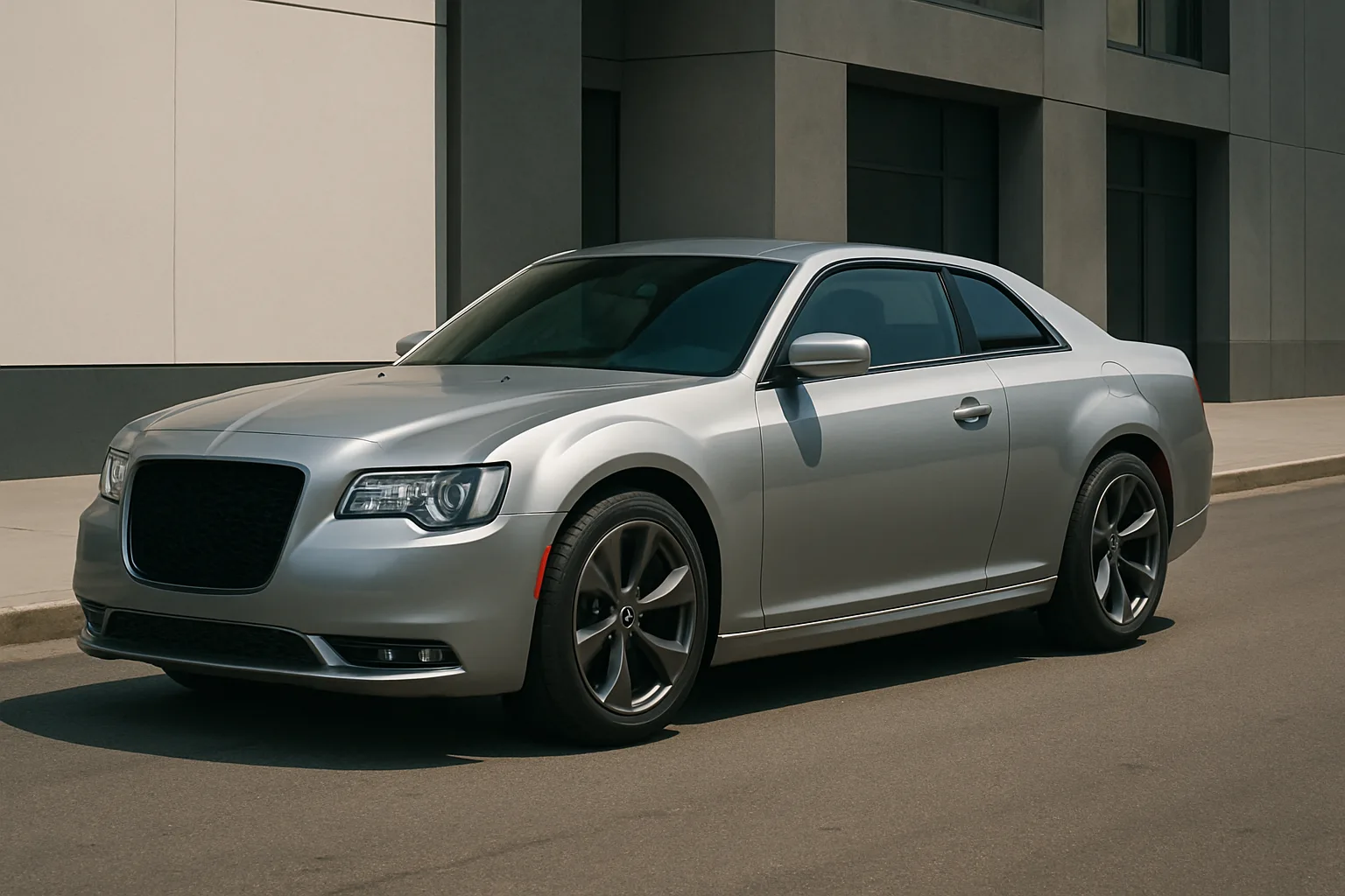 Sleek silver coupe with dark tinted windows and black wheels parked on a sunlit street beside a modern grey building
