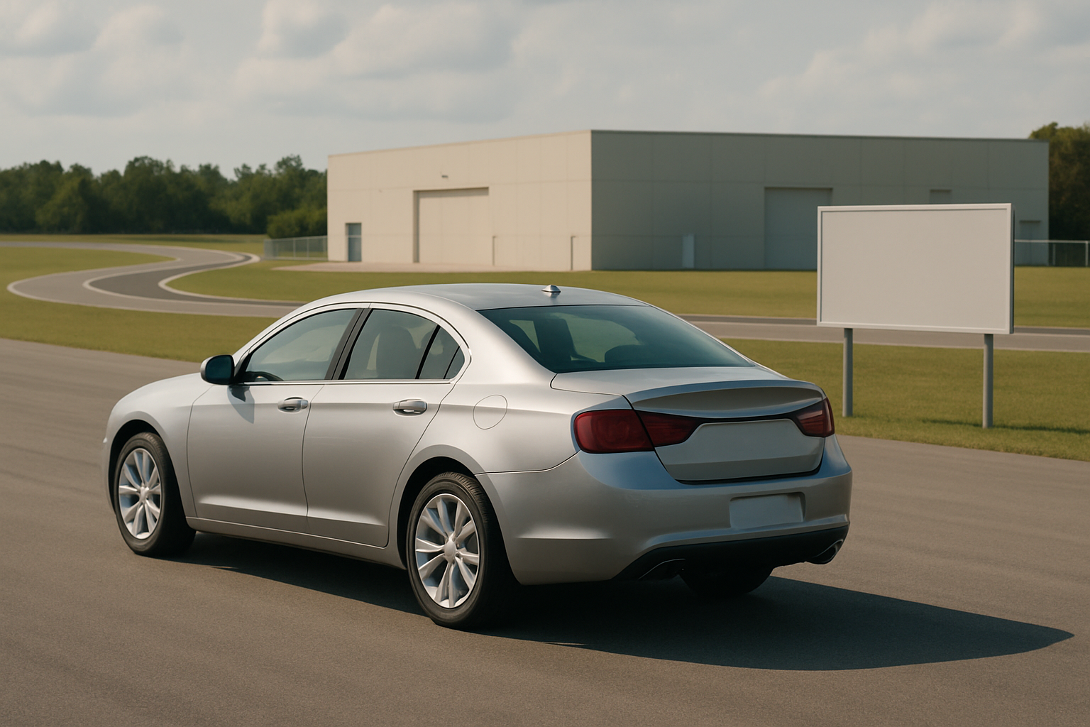 Silver sedan parked on a wide asphalt track near a blank white sign and beige industrial building, under a bright sky