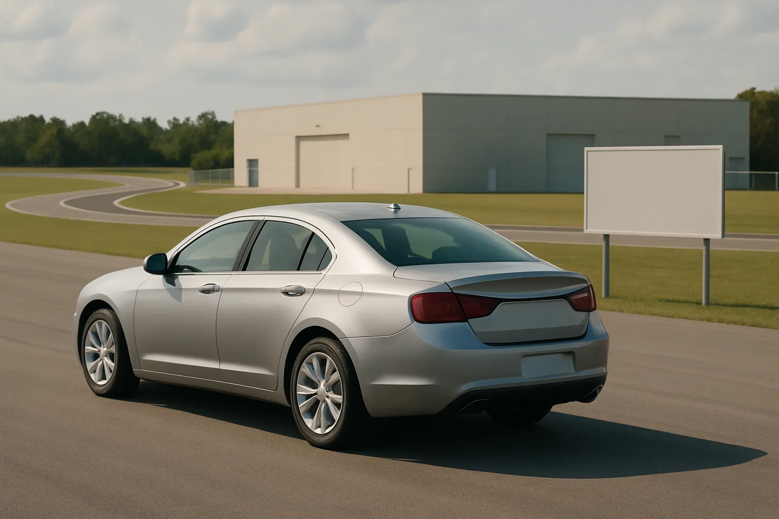 Silver sedan parked on a wide asphalt track near a blank white sign and beige industrial building, under a bright sky