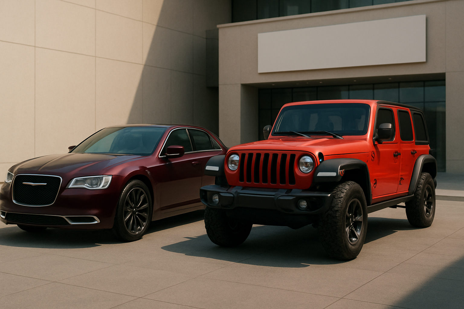 Two stylized vehicles, one dark red sedan and one bright red SUV, parked on pale paving in front of a modern building