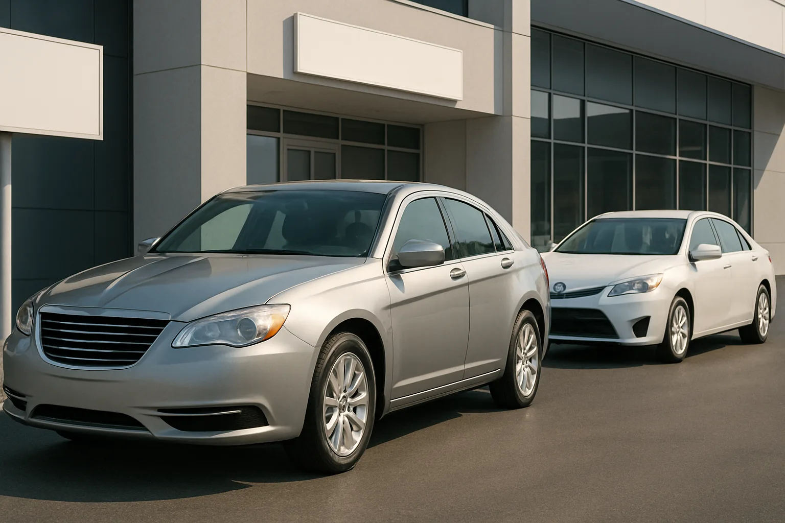 Two silver and white sedans parked on clean pavement beside a modern glass and concrete building in soft sunlight
