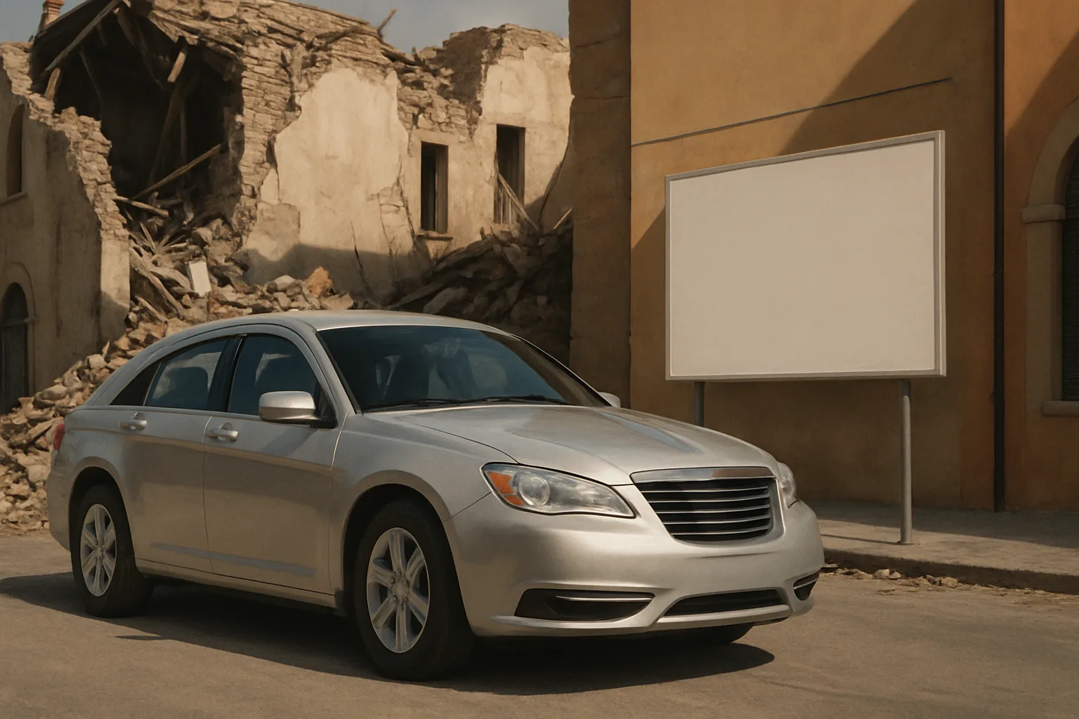 A silver sedan parked on a sunlit street beside a blank billboard and a partially collapsed brick building with debris