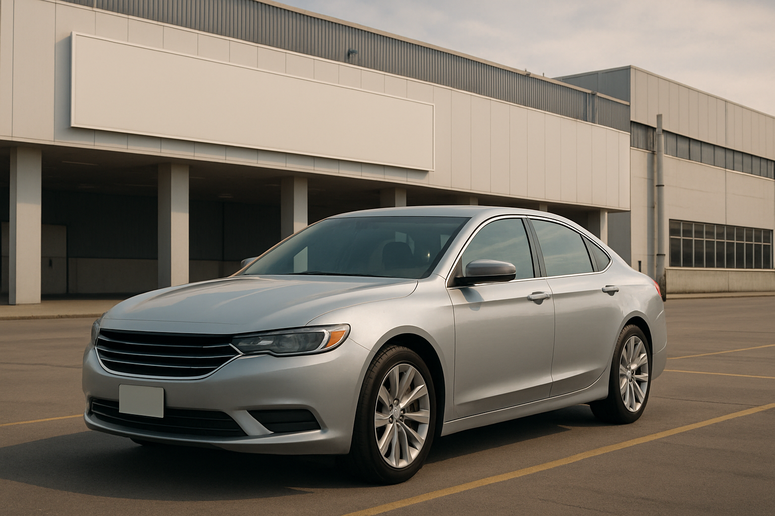 Silver sedan with tinted windows parked in an empty lot, modern industrial building with blank signs in the background
