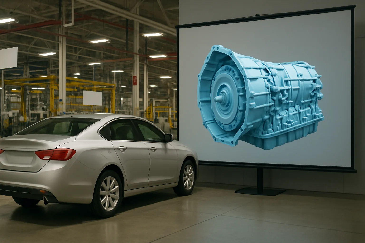 A silver car parked indoors beside a large projection displaying a blue 3D model of a transmission component
