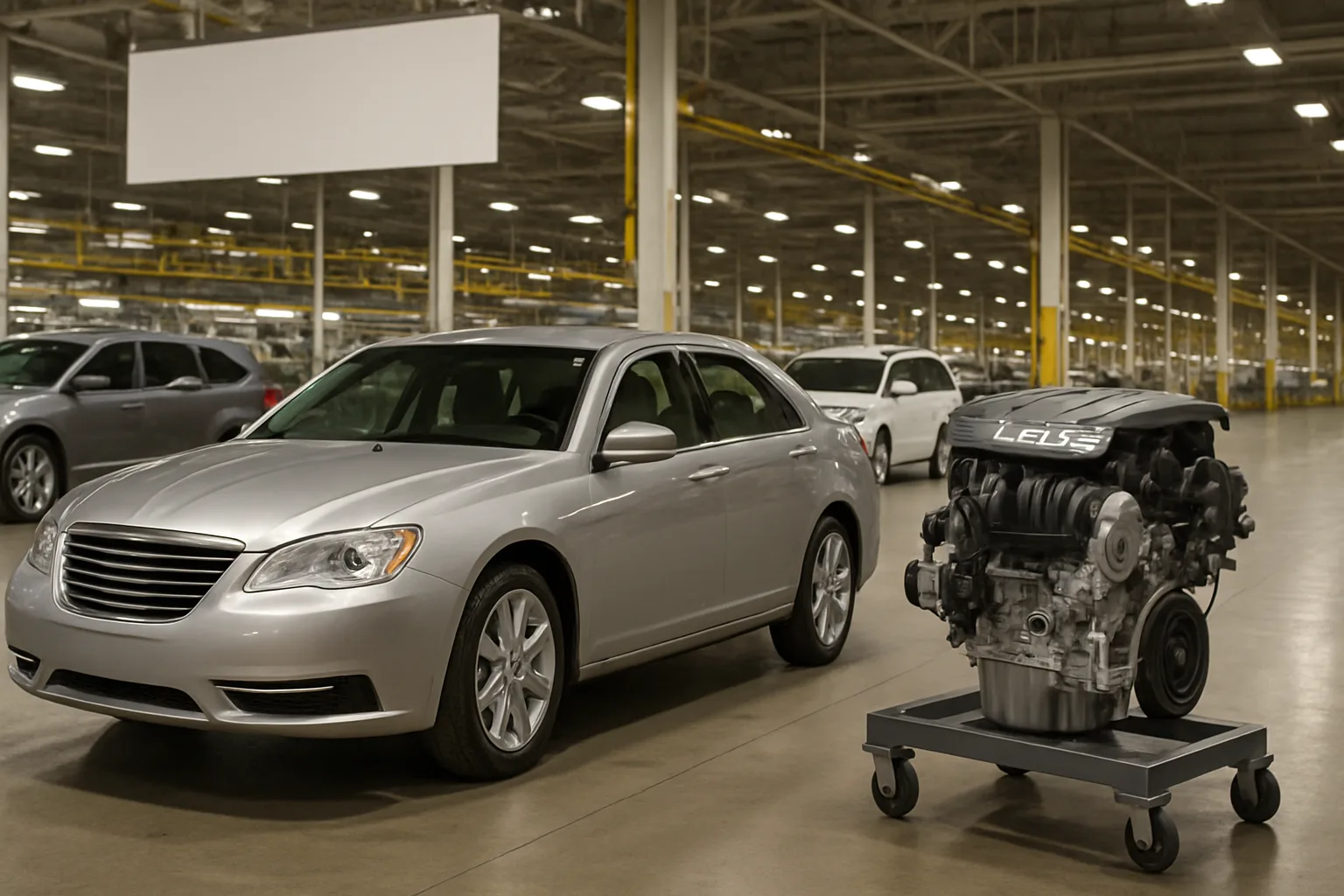 A silver sedan parked inside a spacious, brightly lit factory near a large engine displayed on a wheeled platform