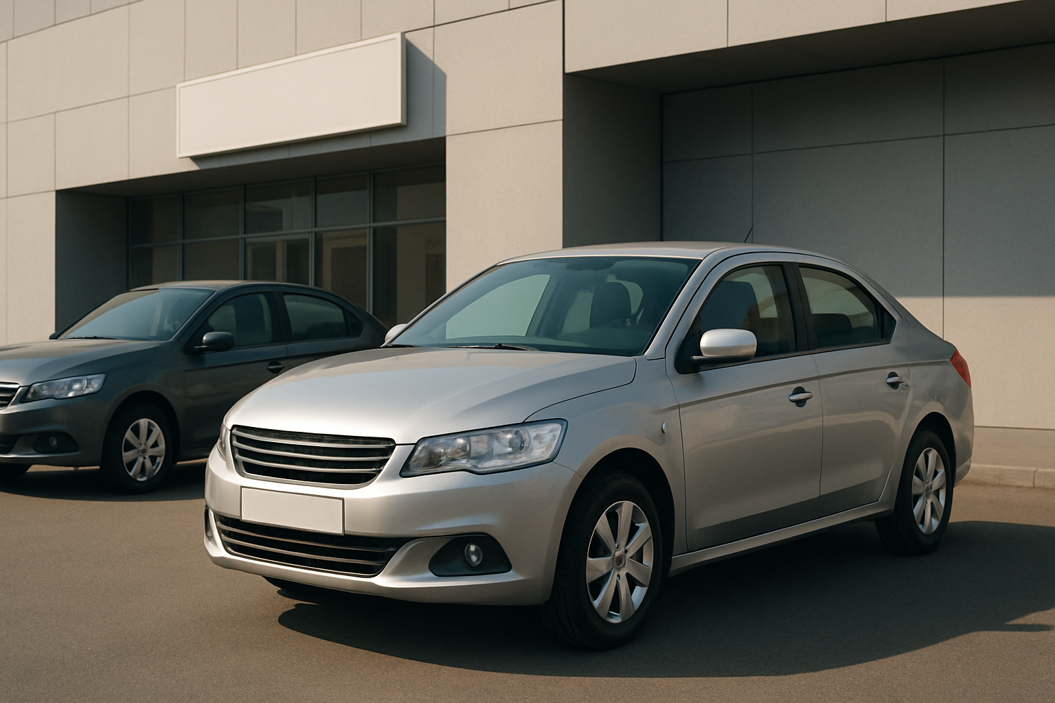 Two silver-grey sedans parked on smooth tarmac in front of a modern, pale stone building in soft natural daylight
