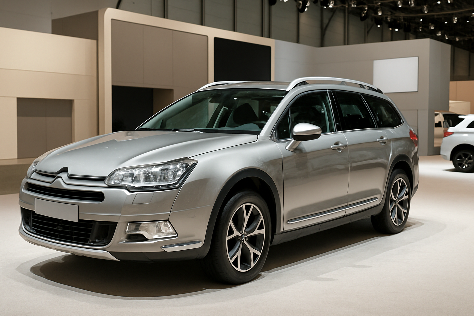 Metallic silver estate car with black trim and roof rails on a showroom floor under soft, neutral lighting