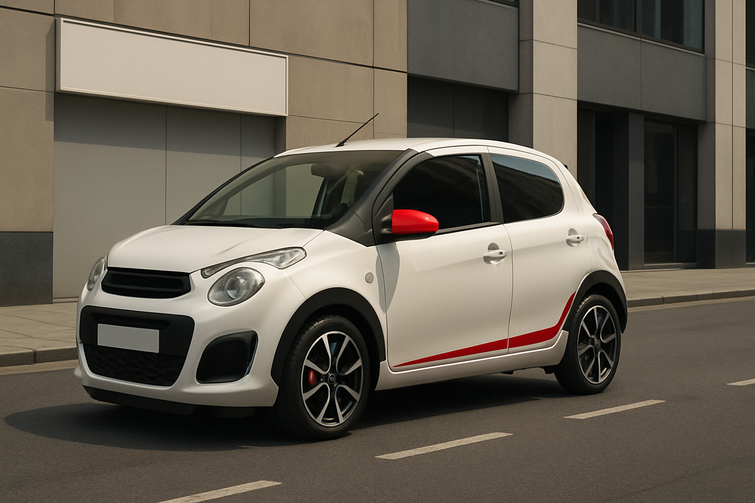 Compact white hatchback with red wing mirrors and accents parked on a city street beside a modern grey building