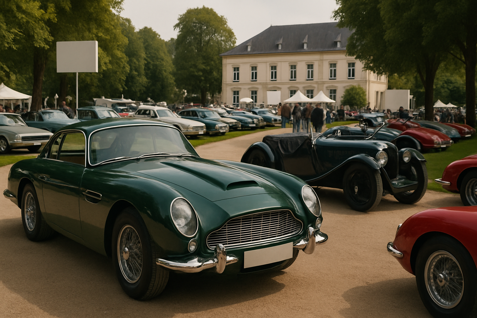 Green vintage cars with chrome detailing parked on a light gravel path, surrounded by trees and a white mansion in the background