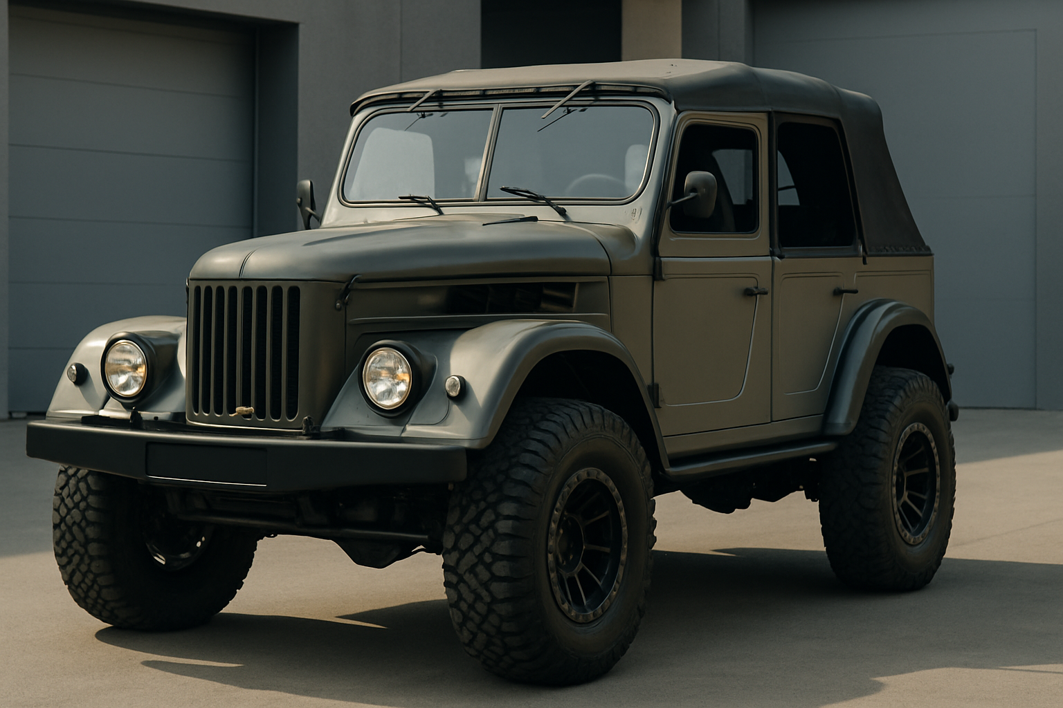 Boxy matte green off-road vehicle with round headlights, black detailing, chunky tires and canvas roof parked by a grey wall