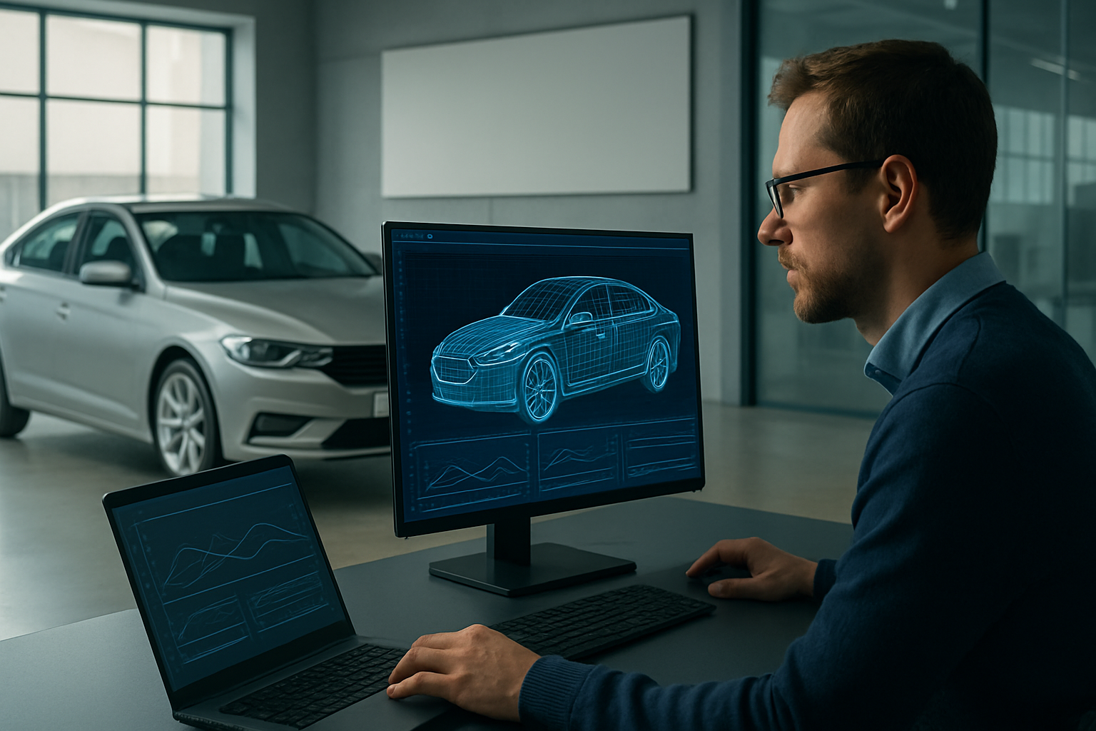Man wearing glasses works at a desk with computers displaying blue wireframe car models in a modern, grey-lit room