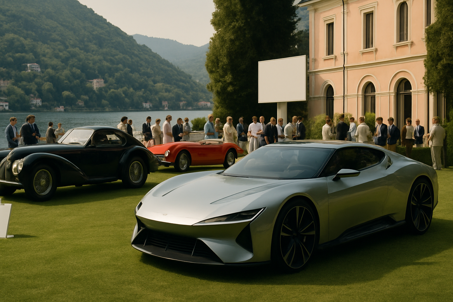 Three sleek cars in contrasting styles displayed on sunlit grass, with people gathering near a grand pastel villa by a lake