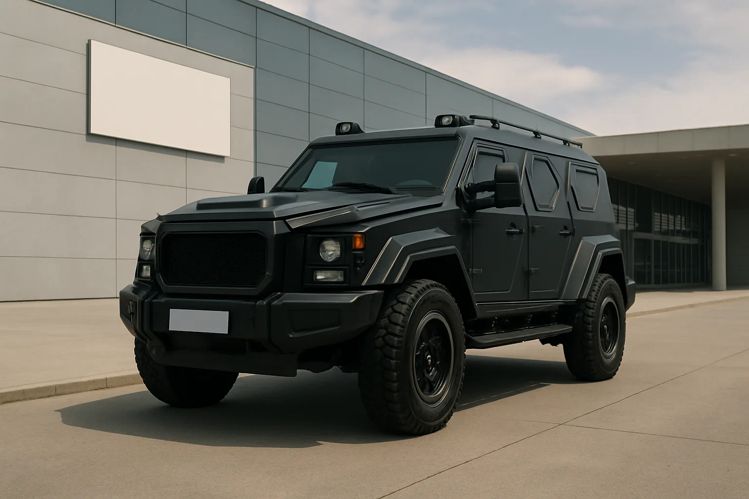 Matte black, heavily-armoured SUV with angular lines parked on a wide, pale concrete driveway under soft daylight