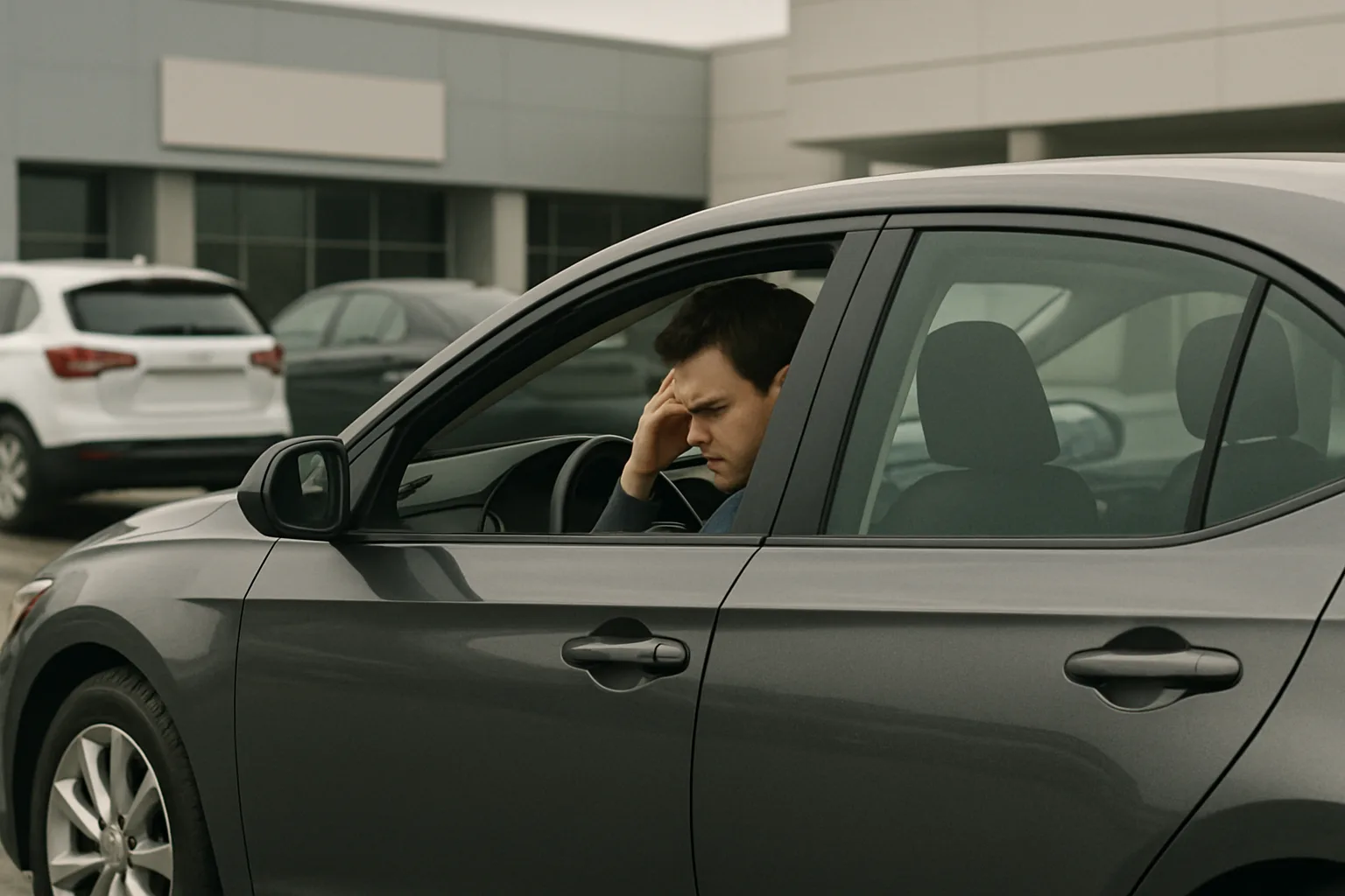 A person sitting in the driver’s seat of a grey car, frowning with their hand on their forehead in a dull car park