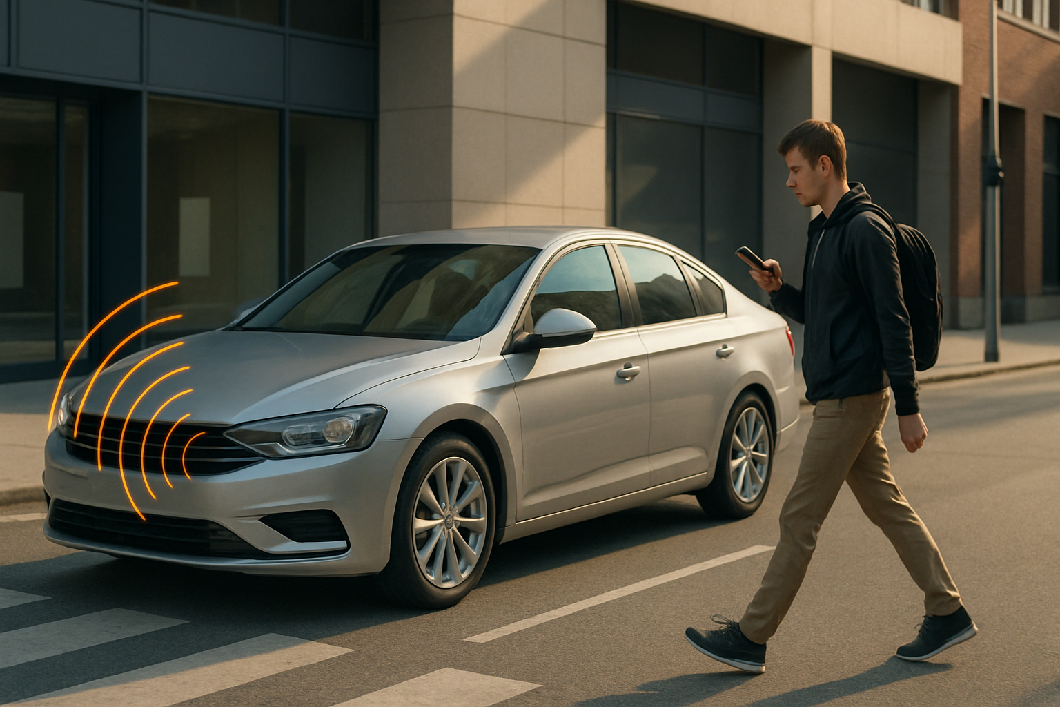 A silver car with orange sensor waves on its grille pauses as a man with a backpack crosses the street looking at his phone
