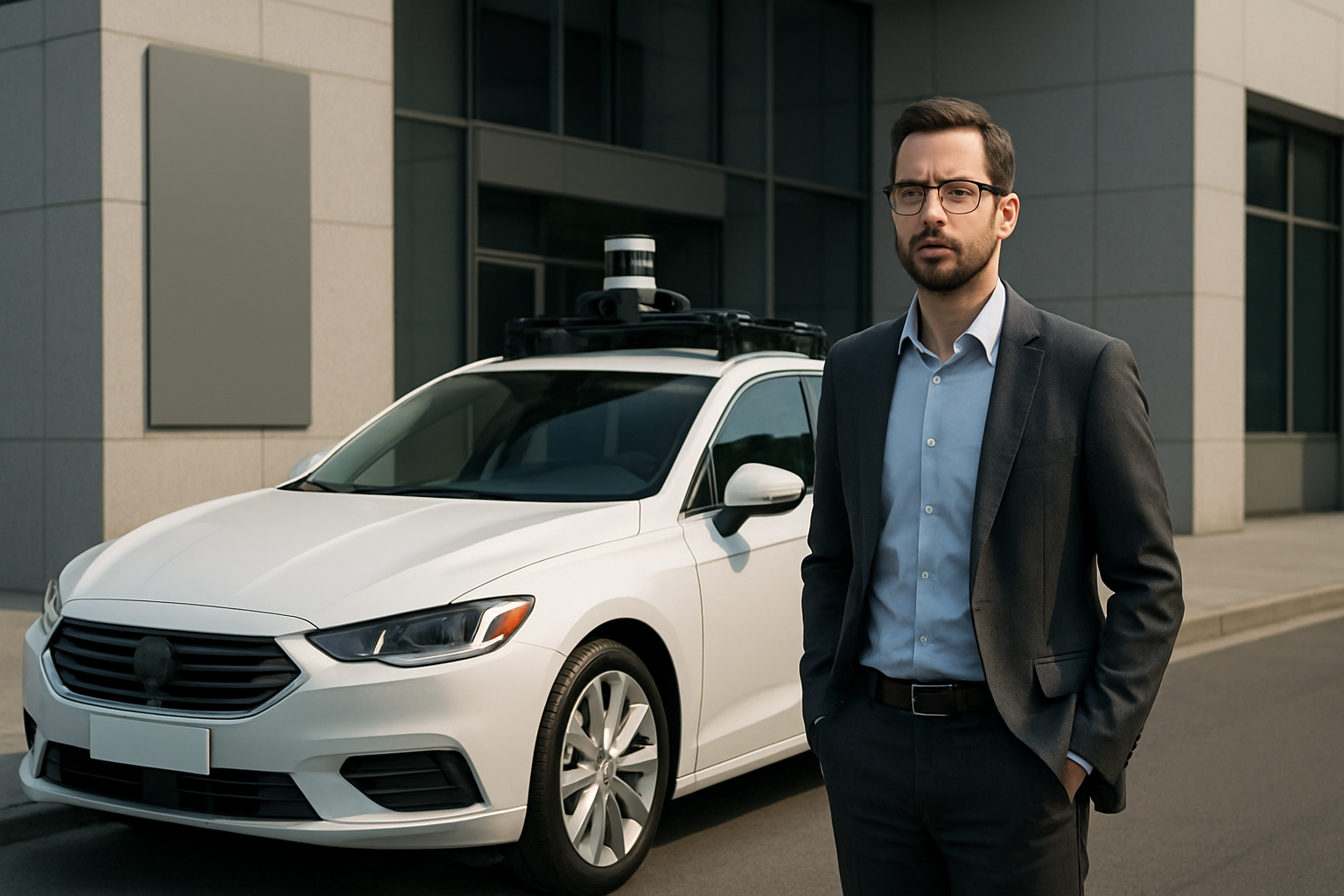 A man in a dark suit stands on a city street beside a white car with sensors mounted on its roof