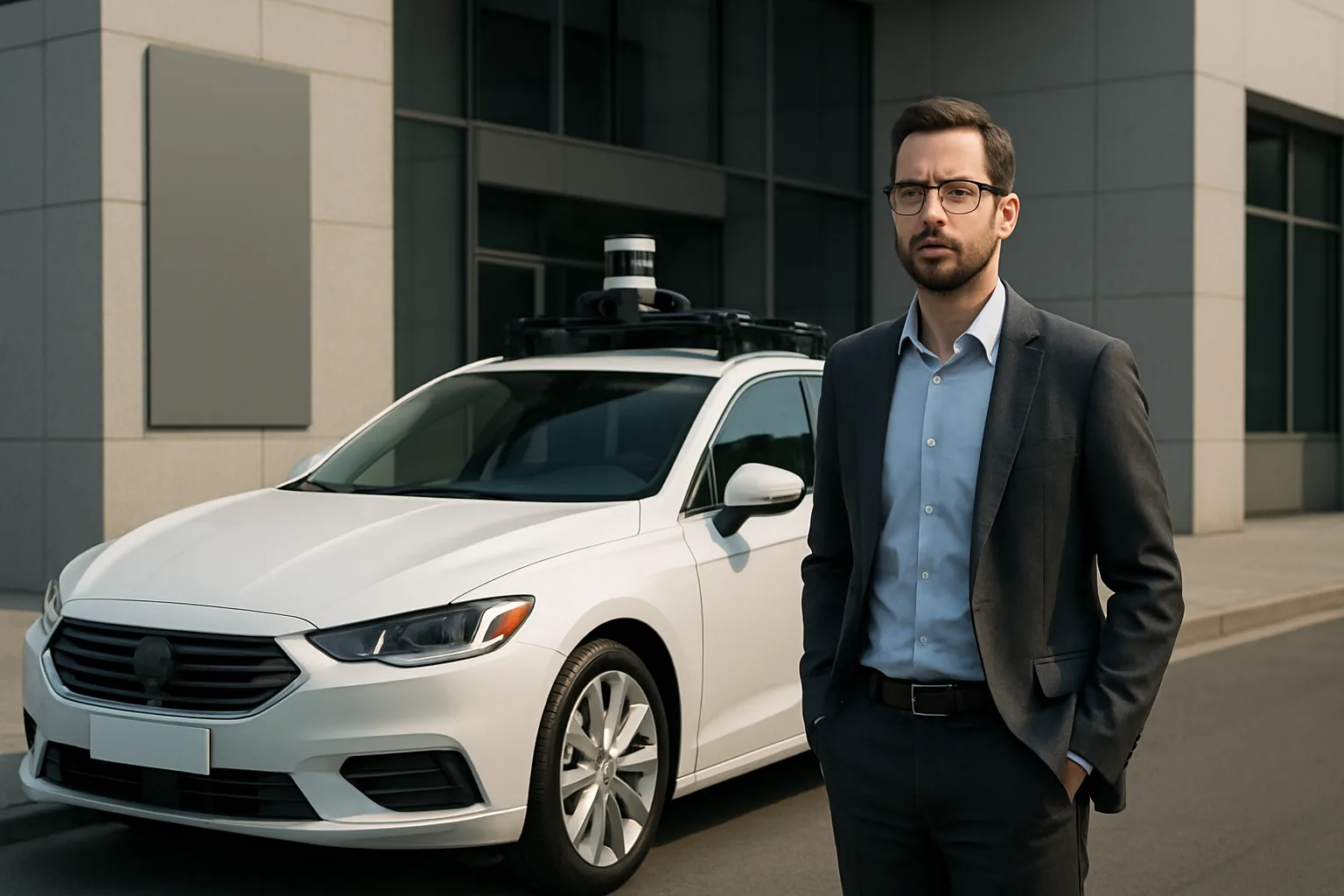 A man in a dark suit stands on a city street beside a white car with sensors mounted on its roof