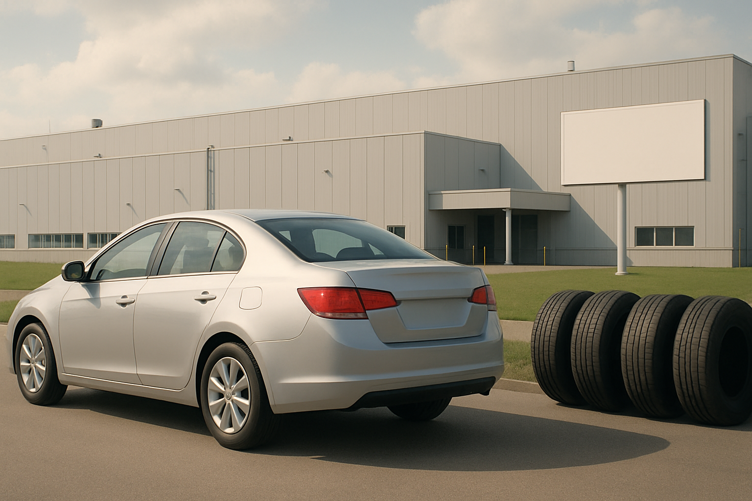 A silver sedan parked on a road beside three stacked black tires, with a modern grey industrial building in the background